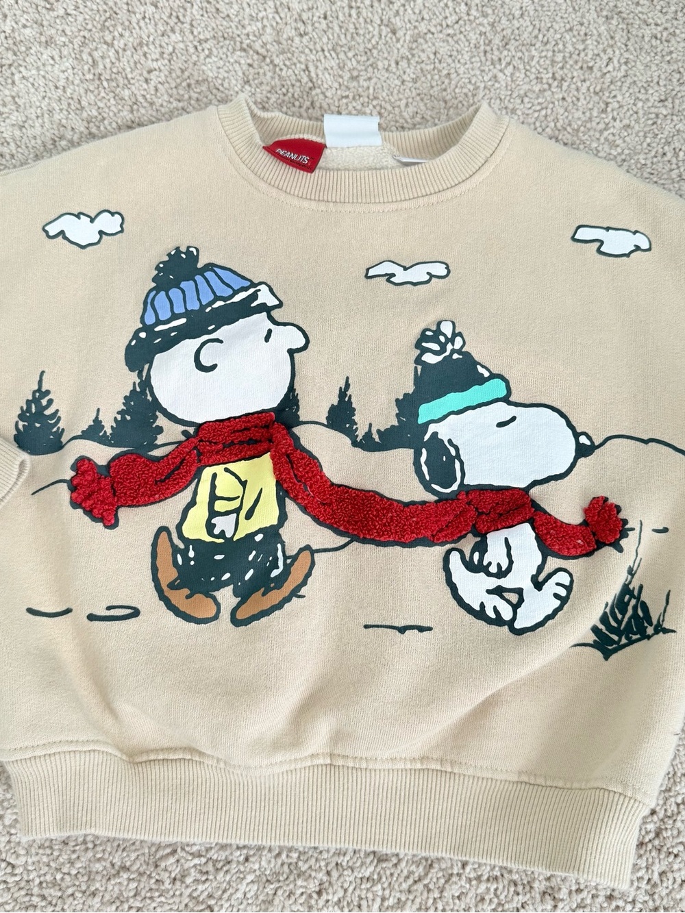 ZARA 3-4yr Peanuts Graphic Crewneck Sweater - Beige with Red Scarf Detail